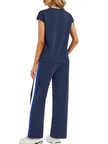 Casly Lamiit 2pcs Pants Sets Outfits for Women Lounge Set Travel Set Crew Neck Pants Set Short Sleeve Tracksuits Dressy Navy Blue XS - Thumbnail 5
