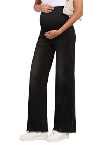 BLENCOT Maternity Jeans for Women Over Belly Straight Leg Adjustable Waisted Flare Denim Spring Summer Work Cotton Frayed Comfy Pregnancy Boyfriend Jean Tall with Pockets Large Black - Image 1