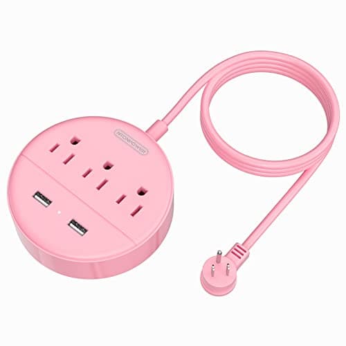 10 ft Long Extension Cord Power Strip with USB, NTONPOWER Pink Charging Station with 3 Outlet and 2 USB, Travel Power Strip Flat Plug, Wall Mount for Home Office Dorm Room and Cruise Ship, ETL Listed