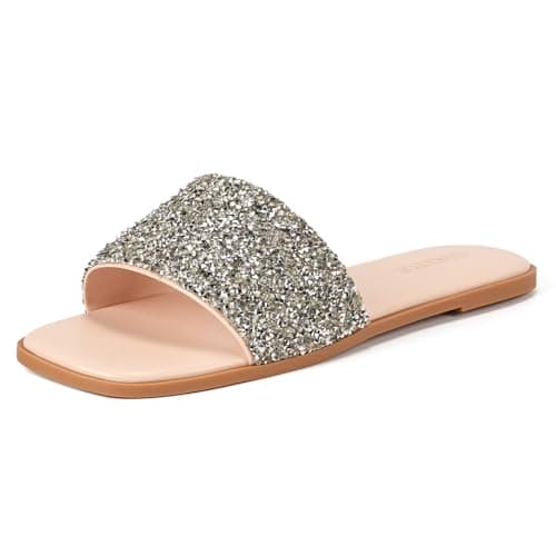 SKETOE Womens Sparkly Rhinestone Sandals Square Open Toe Sandal Slip on Summer Flat Sandals for Beach Wedding Holiday Shopping - Image 1