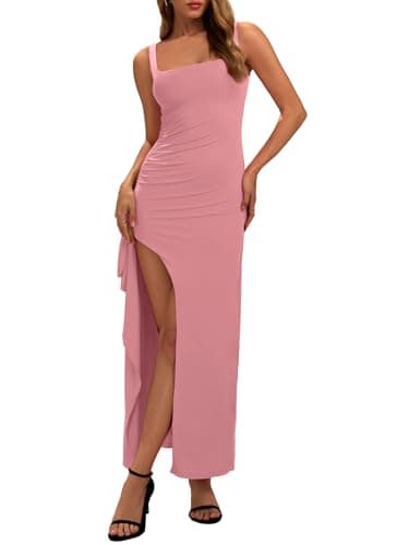 REORIA Womens Square Neck Ruched Bodycon Maxi Dress Backless Trendy High Slit Ruffle Prom Dress Pink Dolphin Small - Image 1