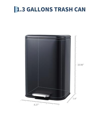 Garvee 1.3 gal Bathroom Trash Can, Step Garbage Can with Soft-Close Lid, Stainless Steel Recycling Bin with Removable Inner Bucket, Rectangular Waste Container for Living Room, Office, Black - Thumbnail 3