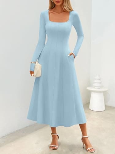 MEROKEETY Women's Fall Dresses 2025 Long Sleeve Square Neck Elegant Classy Winter Cocktail Wedding Guest Midi Dress, LightBlue, Medium - Thumbnail 2