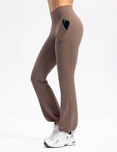 POSHDIVAH Women's Creamluxe Flare Cuffed Leggings Regular High Waisted Yoga Joggers Pants Lounge Casual Workout Sweatpants with Pockets Mocha Mousse Medium - Thumbnail 2