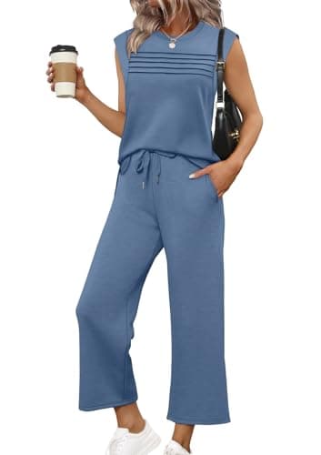 WIHOLL Lounge Sets for Women 2 Piece Business Casual Outfits Summer Fashion 2026 Womens Clothes Comfy Workout Sets Athleisure Pajamas Loungewear Spring Break Sweatsuits Seniors Blue Crew Neck M - Image 1