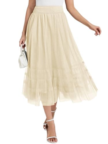 Casly Lamiit Tulle Skirts for Women Summer Flowy Midi Skirts Smocked Elastic Waist Skirt Pleated A Line Flared Skirts Beige L - Image 1