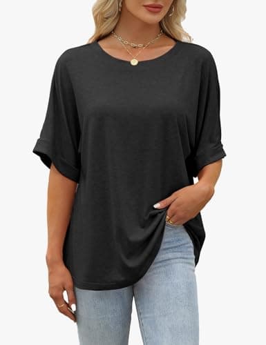 GKBK Womens Oversized T Shirts Crew Neck Short Sleeve Tops Spring Summer Business Dressy Casual Loose Fit Workout Work Basic Tee Blouse 2026 Beach Vacation Trendy Plus Size Clothes Outfit Black XL - Thumbnail 2