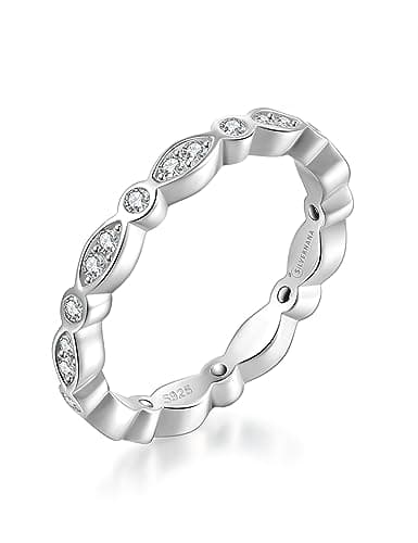 SILVERNANA Marquise Round Moissanite Wedding Band for Women 925 Sterling Silver Stackable Full Eternity Ring for Her Size 8.5