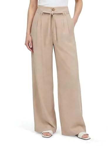 GRACE KARIN Linen Pants Women,Elastic High Waist Wide Leg Pants with Pockets,Comfy Beach Vacation Trousers Apricot - Image 1
