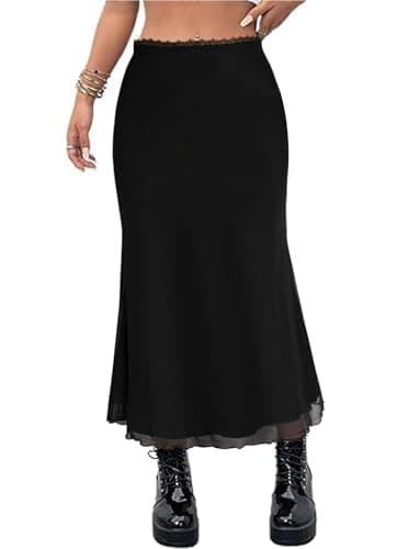 Avanova Women Mesh Long Skirts High Waisted Mermaid Bodycon Spring Midi Casual Skirts Black Solid Large - Image 1