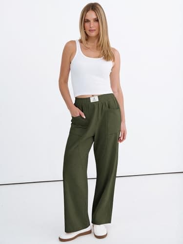 ANRABESS Womens Casual Pants 2026 Summer Loose Fit Lounge Pants with Pockets High Waisted Elastic Waist Straight Leg Trousers Army Green S - Thumbnail 6