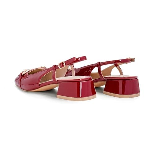 Red Slingback Mary Jane Heels for Women Square Toe Pump Shoes Low Block Chunky Heel Closed Toe Heels Classic Daily Office Dressy Church Shoes Size 10 - Thumbnail 6