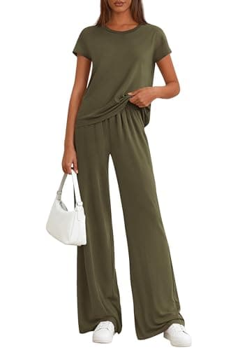 PRETTYGARDEN Women's 2026 Summer 2 Piece Matching Lounge Sets Short Sleeve Shirts Tops Wide Leg Pants Travel Airport Outfits (Army Green,X-Large) - Image 1