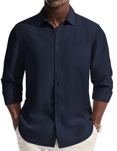 PJ PAUL JONES Men's Casual Button Down Shirts Long Sleeve Linen Beach Wedding Untucked Dress Shirt Summer Vacation Shirt Navy - Image 1