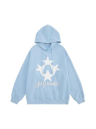 Aelfric Eden Star Embroidered Hoodies Women Graphic Print Y2k Oversized Hoodie Long Sleeve Pocket Casual Pullover Sweatshirt Blue White XL