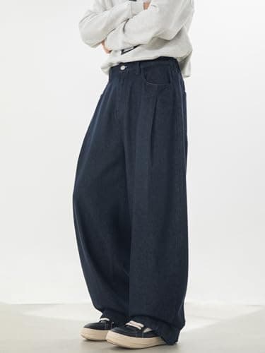 CAONAT Men's Baggy Jeans Wide Leg Loose Fit Pants Hip Hop Y2K Streetwear Long Trousers Blue Medium - Thumbnail 3