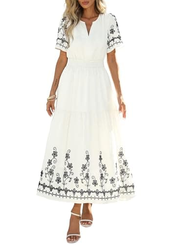 PRETTYGARDEN Women's Summer Boho Maxi Dress 2026 Spring Floral Short Sleeve V Neck A Line Flowy Beach Wedding Guest Dresses (Beige,X-Large) - Image 1