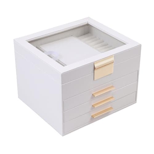 BOOVO Clear Lid Jewelry Box,4 Layers Jewelry Organizer Large Jewelry Storage Box with 3 Drawers,Jewelry Holder Organzier of Rings Earrings Necklace Bracelets for Women (White, 4 Layer) - Image 1