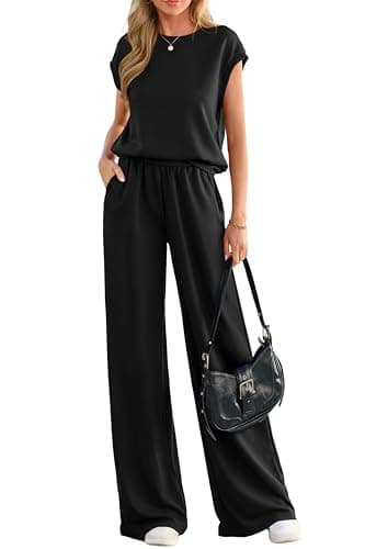 PRETTYGARDEN Women's Summer 2 Piece Lounge Sets 2026 Cap Sleeve Tops Wide Leg Pants Workout Sets Loose Casual Tracksuit(Black,Small) - Image 1
