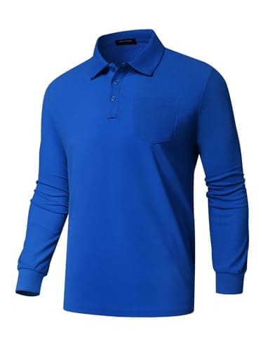 Promen polo Men's Classic Long Sleeve Polo Shirts Casual Lightweight Solid Golf Shirts with Pocket Royal Blue 3XL