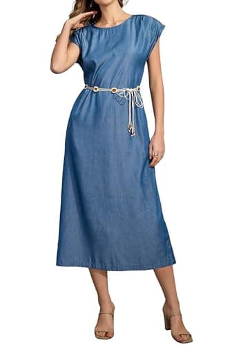 Women's Summer Denim Blue Casual Cap Sleeve Back Split Shift Elegant Office Rayon Pockets Dress with Decorative Waist Chain Ladies Straight Calf Length Work Business Vocation Holiday Dresses - Image 1