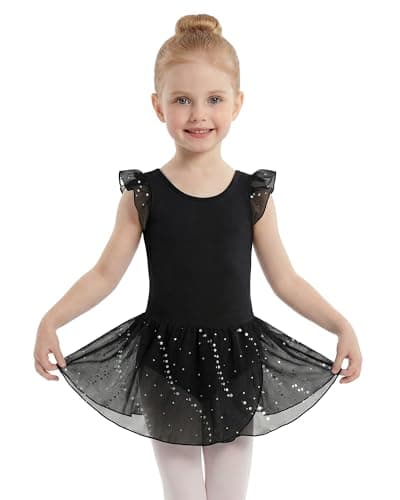 Stelle Girls Flutter Sleeve Ballet Leotards Toddler Shimmering Dance Outfits Sequin Tutu Skirted Leotard Ballerina Dress, Black 8-9Years - Image 1