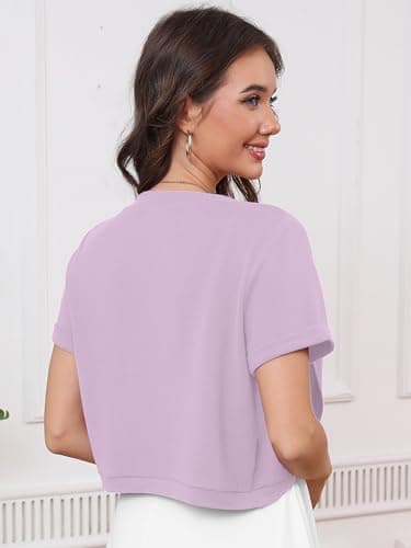 Heymoments Women's Short Sleeve Shrugs Light Purple X-Large Lightweight V-Neck Open Front Cropped Cardigan Knitted Bolero Sweaters Elegant Dresses Cover Up - Thumbnail 5