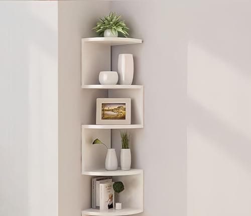 FRAWENLECO No-Drill Corner Shelf Wall Mount, 5-Tier Floating Corner Bookshelf with Hooks, Space-Saving Zigzag Plant Shelf for Bedroom, Living Room, Bathroom, Home Office - Image 1