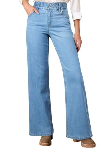 Astylish Women's Stretch Elastic High Waisted Jeans Trendy Baggy Wide Leg Straight Denim Pants Sky Blue Size 18 - Image 1