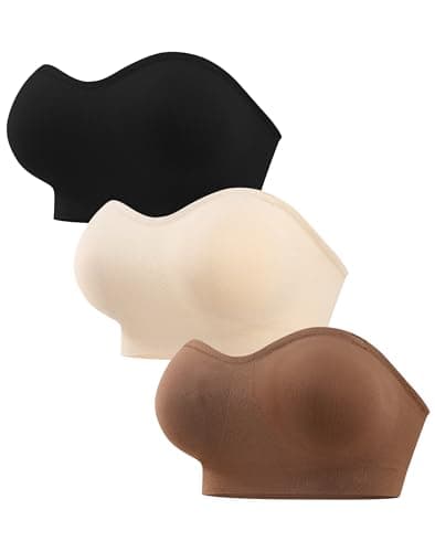ANGOOL Strapless Bras for Women Wirefree Non-Slip Tube Top Invisible Bralette Seamless Padded Bandeau Bra, Black+Beige+Brown, XL - Image 1