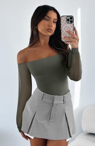 REORIA Womens Going Out Off The Shoulder Sheer Mesh Puff Long Sleeve Thong Bodysuit Tops Grayish Green Small - Thumbnail 6