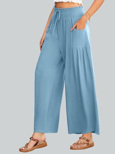 JUYUEO Linen Pants for Women 2026 Summer High Waisted Wide Leg Pants Casual Dressy Palazzo Beach Boho Pants Baby Blue S - Thumbnail 4