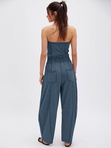 Sexyasasii Tube Top Jumpsuit for Women Strapless Summer Casual Off the Shoulder Long Barrel Pants One Piece Pull on Jumpsuits with Pockets - Thumbnail 2