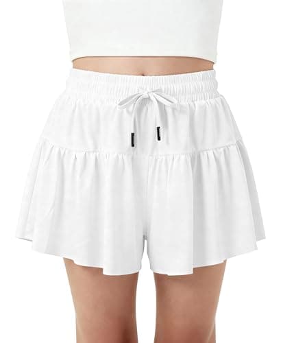 Stelle Girls Athletic Shorts Flowy 2 in 1 Butterfly Short Running Soccer Tennis Sports Shorts with Pocket,White,12-13 Years