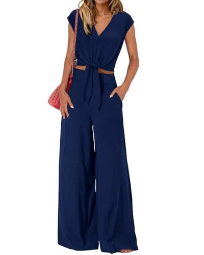 PRETTYGARDEN Two Piece Pants Set For Women Trendy Sleeveless Smocked Short Shirt Flowy Palazzo Pant Casual Lounge Wear(Solid Dark Blue,Small) - Image 1