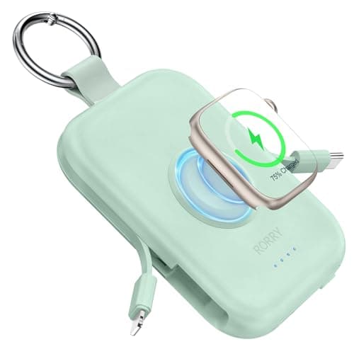 RORRY CharmGo Portable Charger, 5000mAh Portable Charger Power Bank with Built-in Cables, Travel Keychain Battery Pack for Apple Watch and iPhone Air/17/16/15/14/13/12, Green
