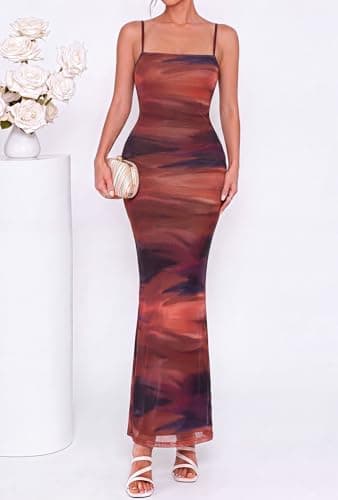 BTFBM Womens Summer Maxi Dress 2026 Floral Mesh Spaghetti Straps Sleeveless Sexy Bodycon Wedding Cocktail Party Dresses(Dark Red Print, XX-Large) - Thumbnail 2