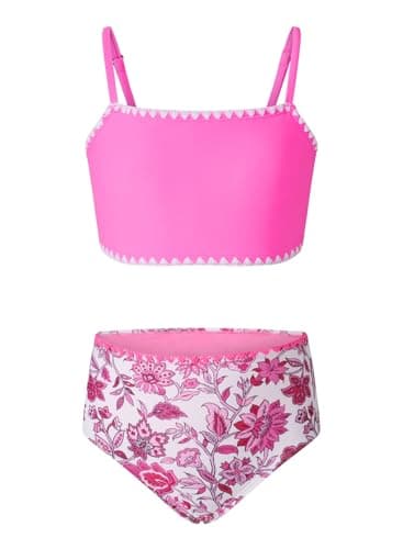 blibean Tween Girls Swimsuit Teen Two Piece Bathing Suit Big Kids Hawaii Bikini Sets Junior High Waist Swimwear Floral Boho Swimming Suits Beach Traje Baño Niñas Size 10-11 Year Old Pink - Image 1