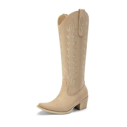 Athlefit Western Cowboy Boots for Women Knee High Cowgirl Comfortable Pull On Block Heel Pointed Toe Embroidered Camel Suede Tall Boots for Travel Walking Camel Suede Size 10 - Image 1
