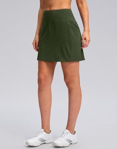 Women's Golf Skirts Skort 4 Side Pockets High Waisted Stretchy Tennis Skirt with Short Athletic Casual (Olive Green, S) - Thumbnail 2