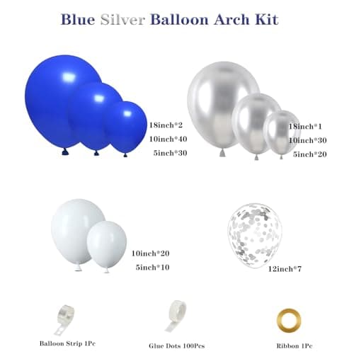 Royal Blue and Silver Balloon Garland Arch Kit, 160Pcs Navy Blue White Silver Latex Balloons with Confetti Balloons for Wedding Graduation New Year Birthday Party Decorations - Thumbnail 2