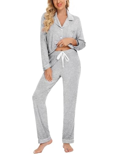 Leikar Button Up Pajama Set For Women Long Sleeve Striped Pajama Set Soft Pjs Lounge Sets M