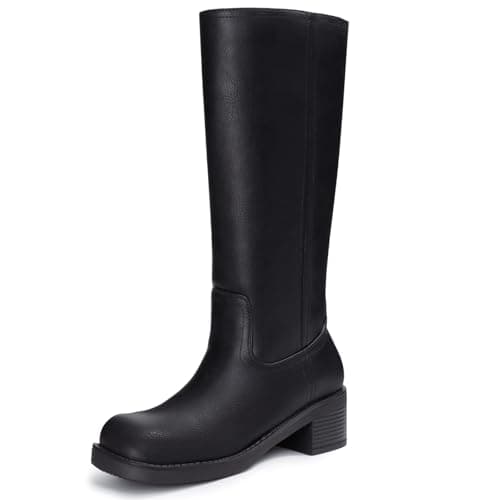 Athlefit Black Knee High Boots for Women Square Toe Fashion Tall Boots Slip On Dress Chunky Low Heel Booties Size 8 - Image 1