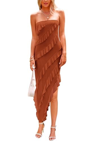 PRETTYGARDEN Summer Wedding Guest Dresses for Women 2026 Spring Cocktail Prom Graduation Bodycon Backless Elegant Midi Dress (Caramel,Medium) - Image 1