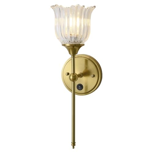 BOXCUPIN Modern Wall Sconces with Clear Flower Glass Shade 1 Pack, Mid Century Bathroom Vanity Wall Light Fixtures Gold Vintage Wall Lights with Switch for Mirror Bedroom Living Room - Image 1