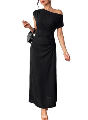 BLENCOT Women's Off The Shoulder Maxi Dress Fashion Ruched Waist Solid Color Mesh Bodycon Semi Formal Dresses for Wedding Guest Summer 2026 Black M - Image 1