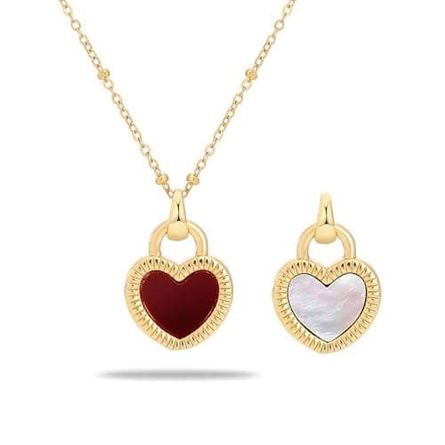 Milan Chiva Womens Heart Pendant Gold Necklace 14K Double Side Dainty Shell Statement Chain Jewelry MNS-1030WRD - Image 1