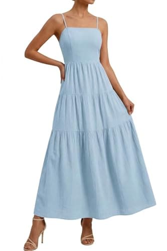 Okiwam Women's Summer Dress 2026 Casual Boho Sleeveless Spaghetti Strap Smocked Maxi Dress Ruffle Long Beach Sundresses-M Blue - Image 1