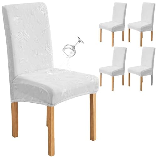 Genina Waterproof Dining Chair Covers Set of 4,Stretch Dining Room Chair Slipcovers with Leaf Jacquard,Removable Kitchen Chair Protector for Home,Restaurant,Banquet-White