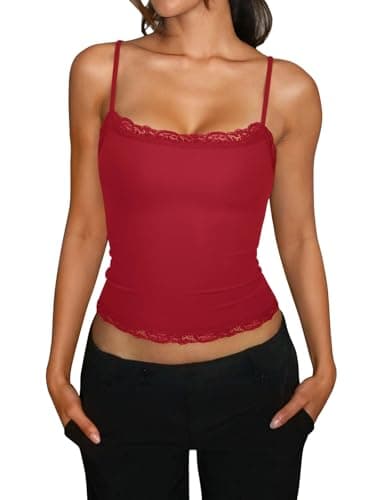 PINKMSTYLE Women Lace Cami Square Neck Tank Tops Y2k Summer Adjustable Spaghetti Strap Camisole Tops Sleeveless Shirts Red Large - Thumbnail 3
